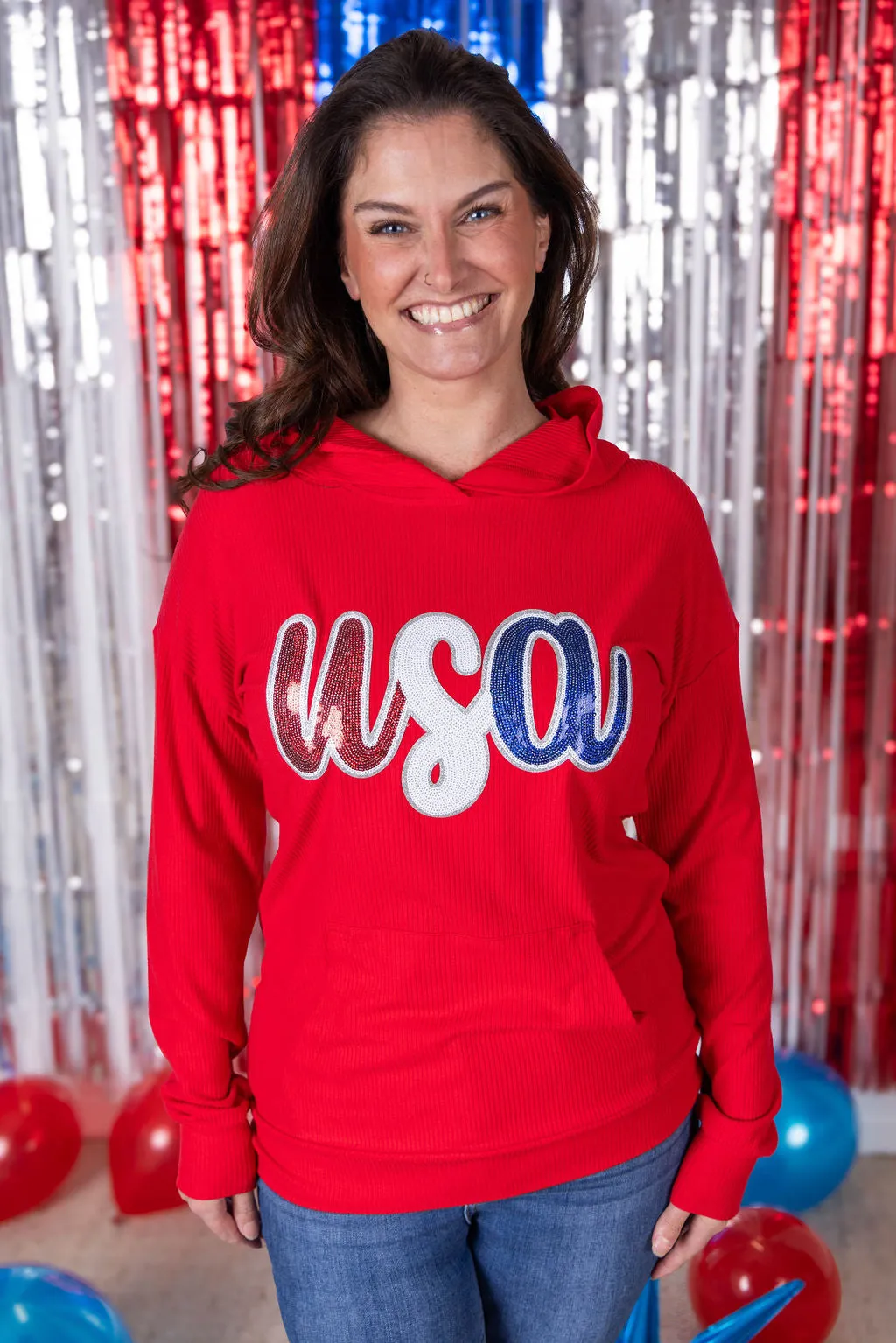 IN PRODUCTION Corrine Hoodie - Red USA Sequin