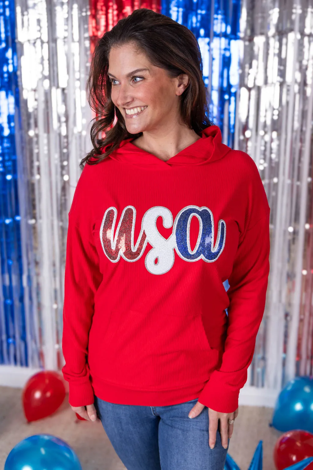 IN PRODUCTION Corrine Hoodie - Red USA Sequin