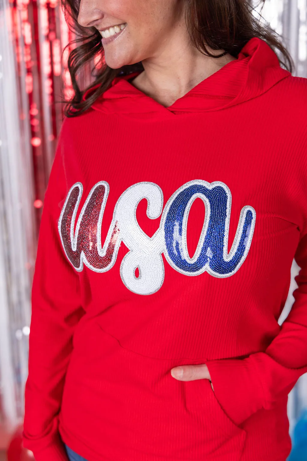 IN PRODUCTION Corrine Hoodie - Red USA Sequin