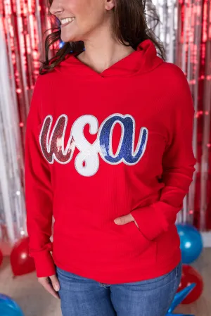 IN PRODUCTION Corrine Hoodie - Red USA Sequin