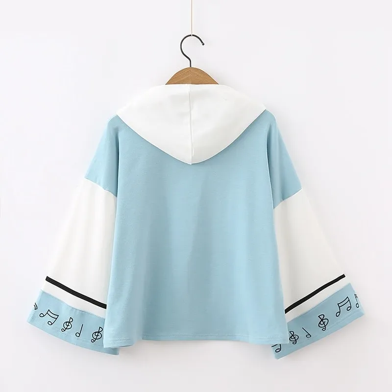 Japanese Musical Note Printed Color Block Hoodie