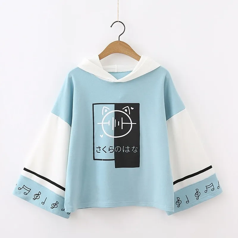 Japanese Musical Note Printed Color Block Hoodie