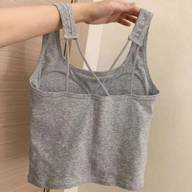 JazzHer Grey Sports Tanks Women Korean Fashion Hot Sweet with Breast Pad Ladies Tops Summer Solid Slim Fit All Match T Shirt Y2K