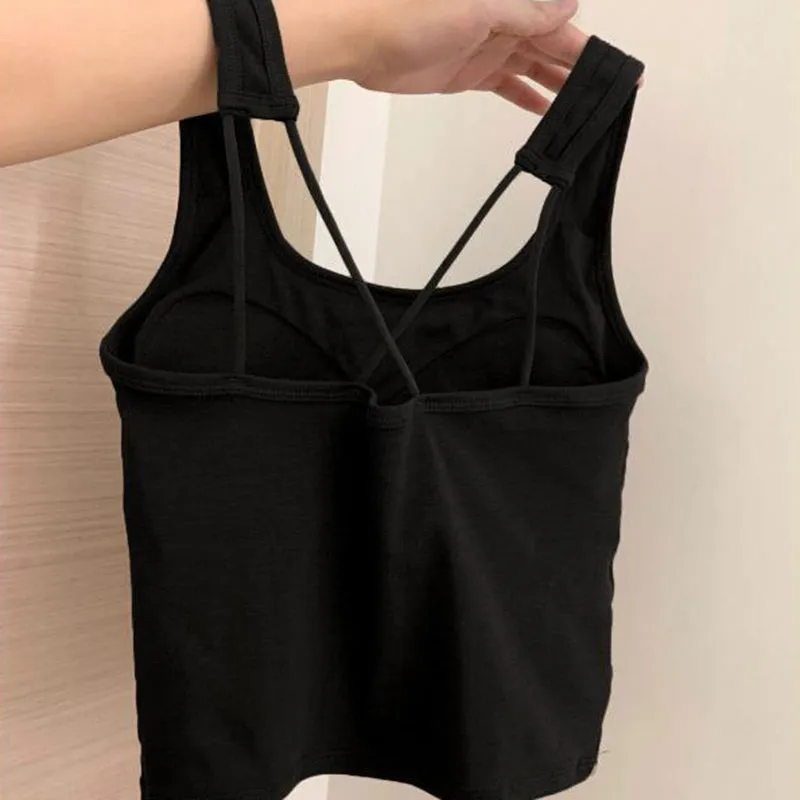 JazzHer Grey Sports Tanks Women Korean Fashion Hot Sweet with Breast Pad Ladies Tops Summer Solid Slim Fit All Match T Shirt Y2K