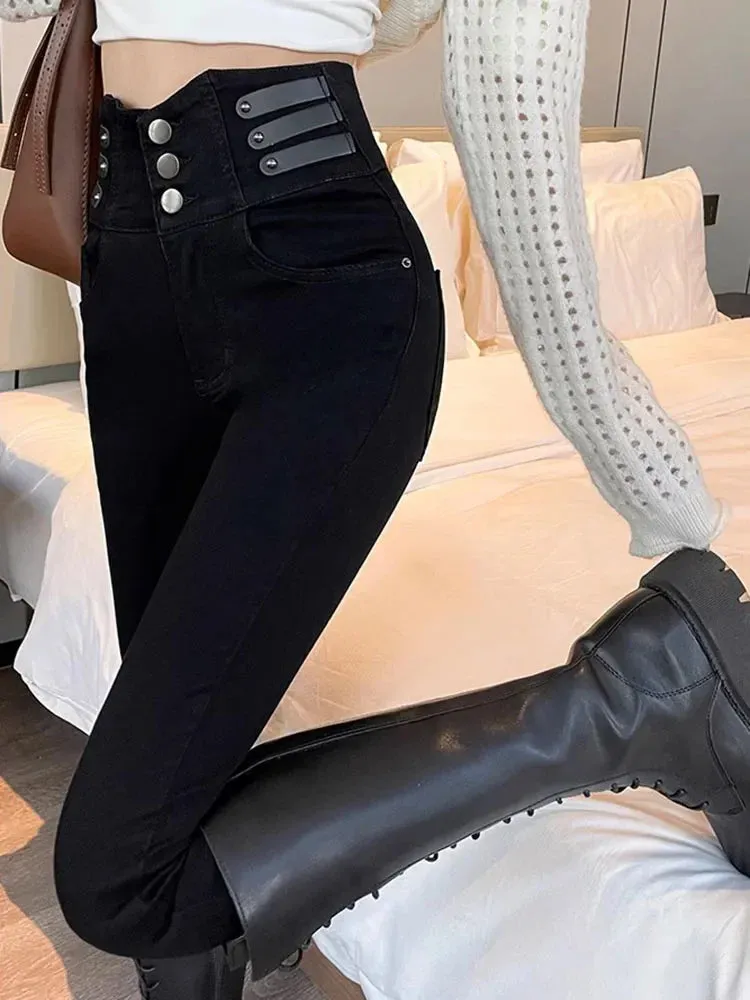 Korean Streetwear High-Waisted Skinny Fit Denim Jeans for Women