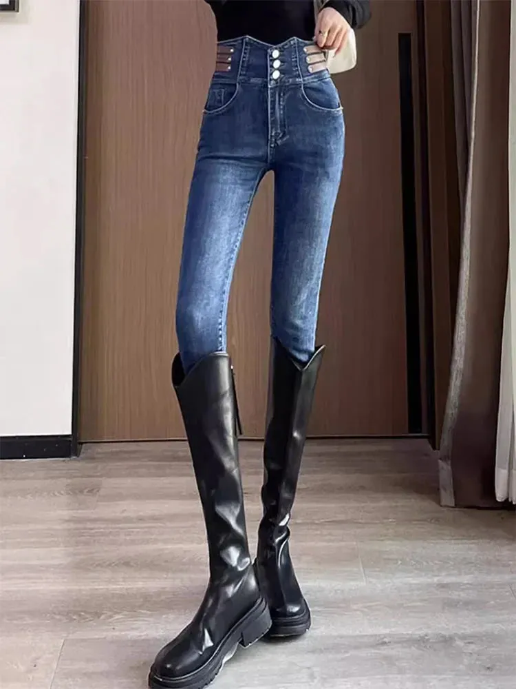 Korean Streetwear High-Waisted Skinny Fit Denim Jeans for Women