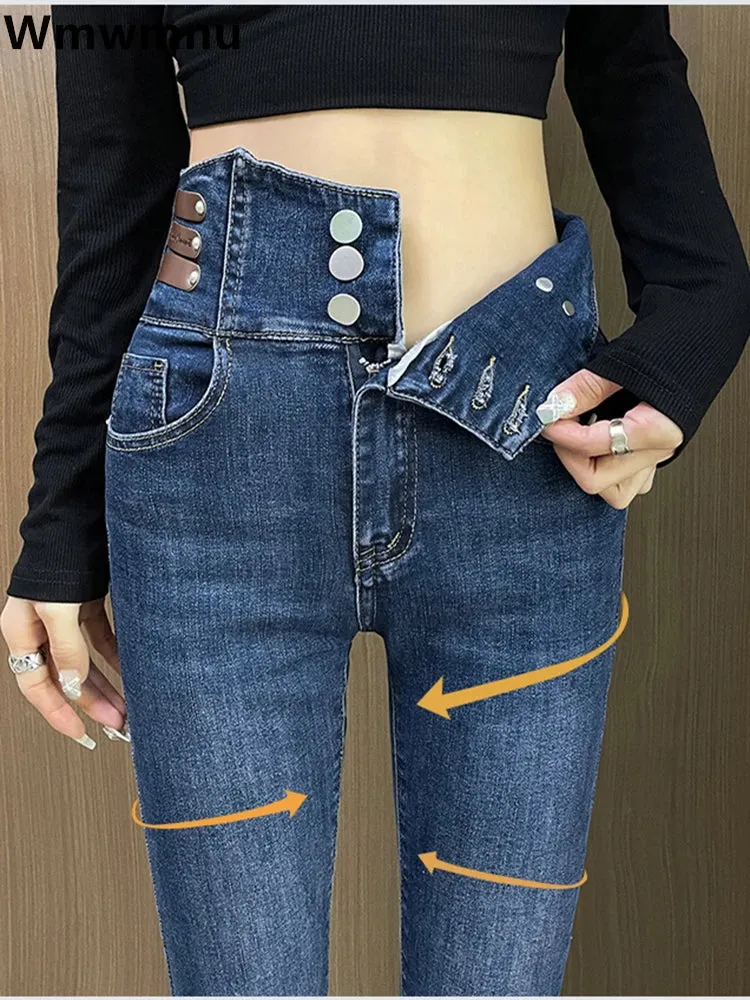 Korean Streetwear High-Waisted Skinny Fit Denim Jeans for Women