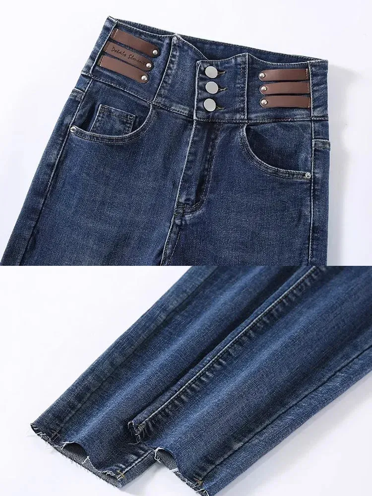 Korean Streetwear High-Waisted Skinny Fit Denim Jeans for Women