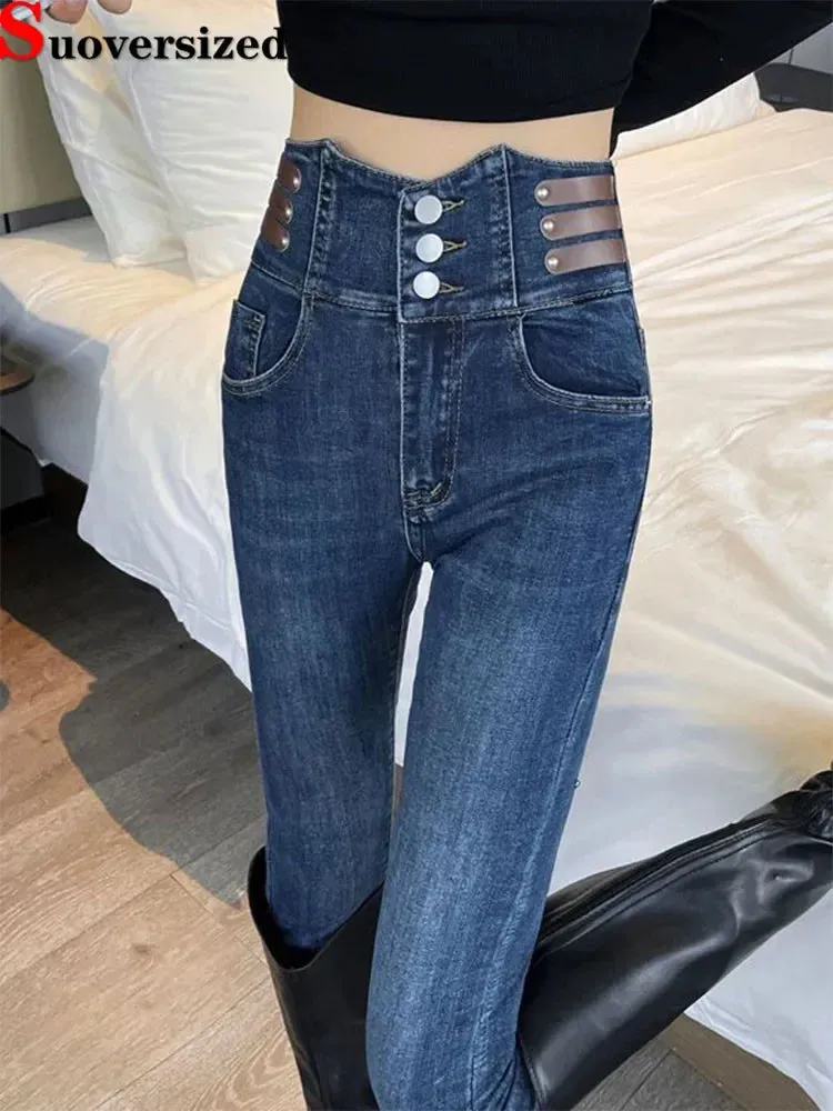 Korean Streetwear High-Waisted Skinny Fit Denim Jeans for Women