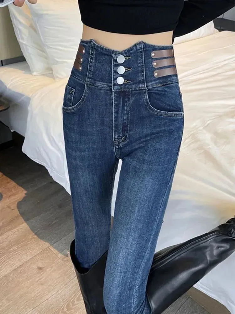 Korean Streetwear High-Waisted Skinny Fit Denim Jeans for Women