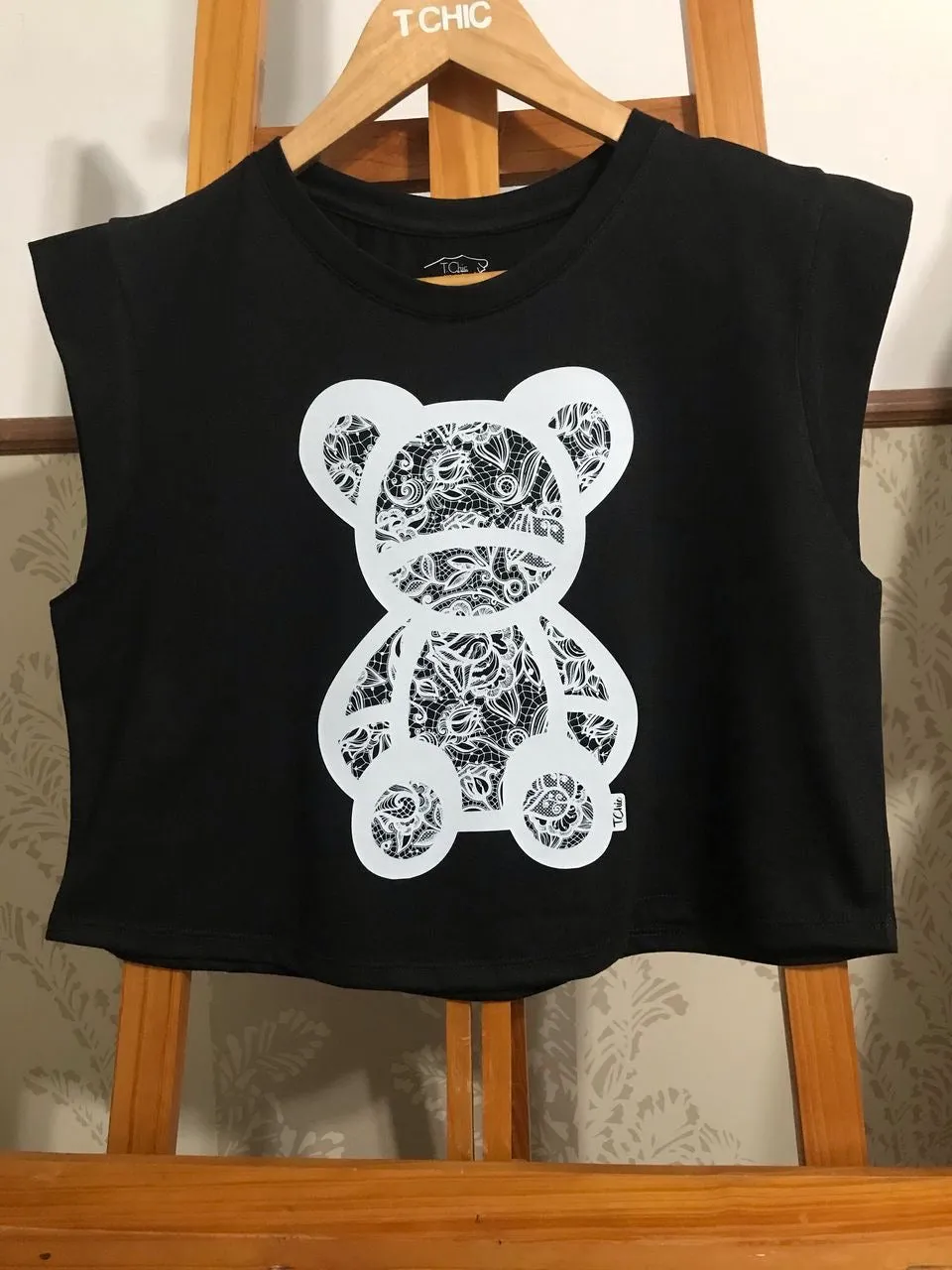 Lace Bear  Black Crop Top