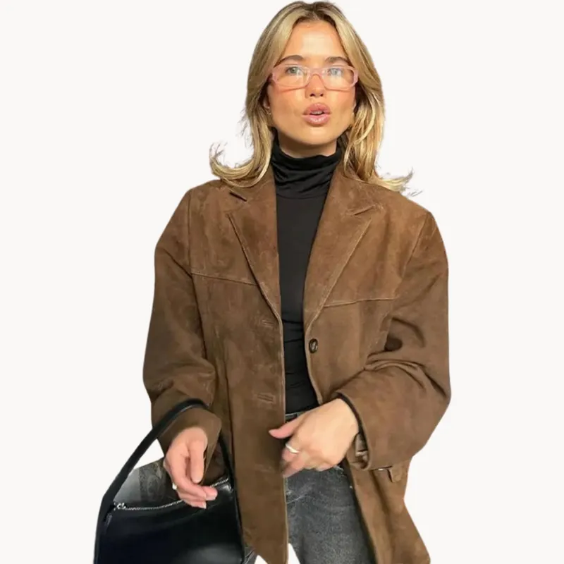 Ladies' Suede Blazer - Oversized Jacket in Brown for Women
