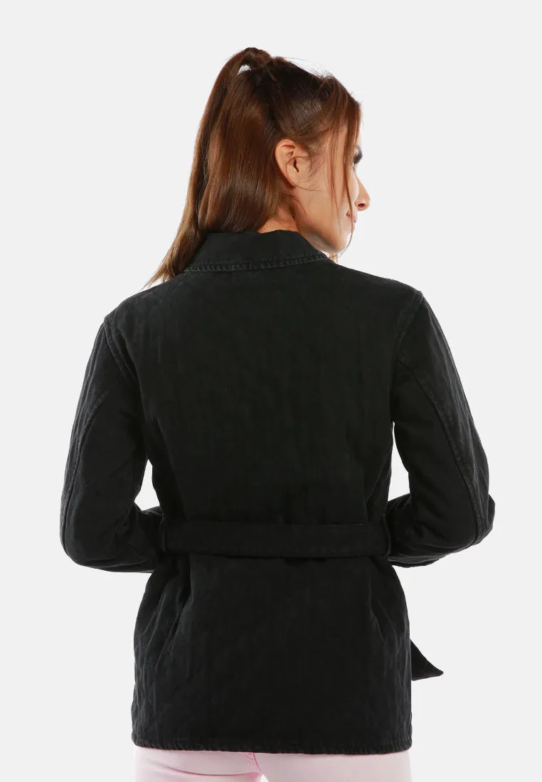 Long Sleeve Quilt Pattern Belted Jacket