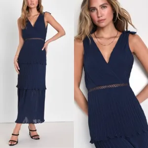 Lulus Such Sophistication Navy Blue Pleated Maxi Dress