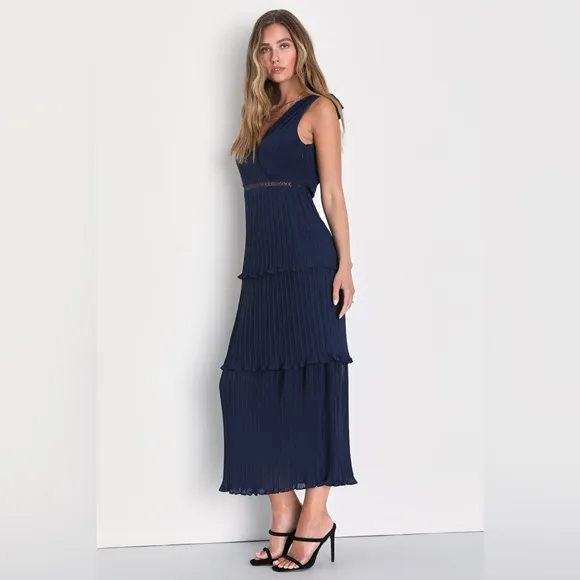 Lulus Such Sophistication Navy Blue Pleated Maxi Dress