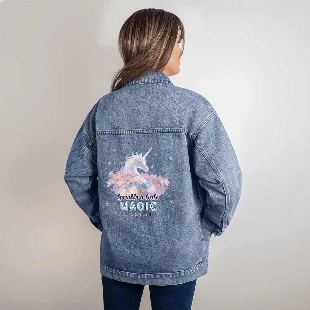 Magical Unicorn Sprinkle a Little Magic Oversized Women's DTG Denim Jacket