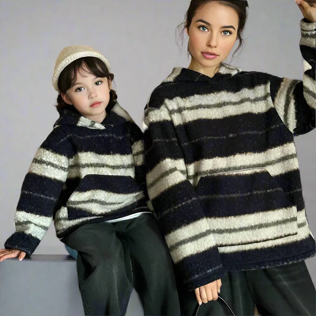 Matching Family Striped Fleece Hoodies Cozy Winter Pullover for Parents and Kids