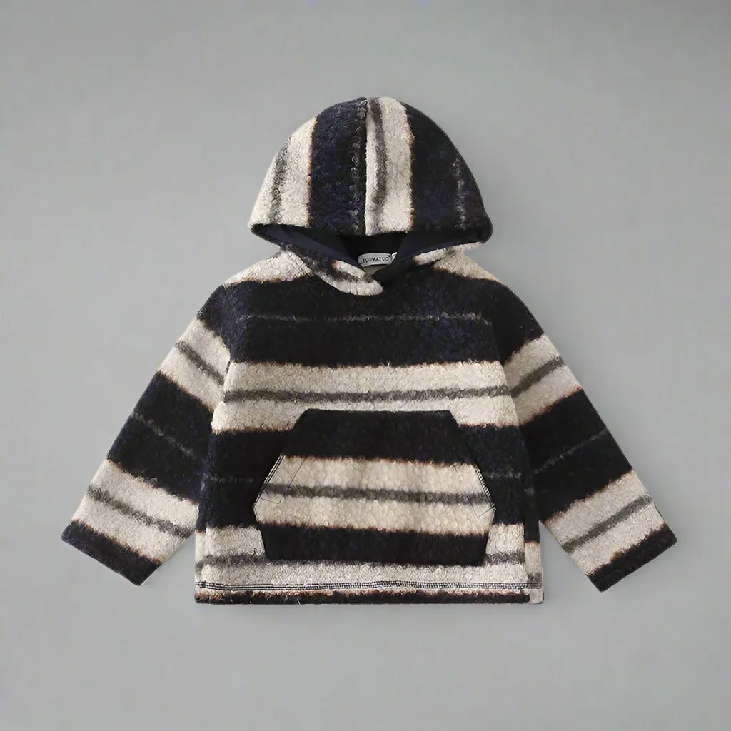Matching Family Striped Fleece Hoodies Cozy Winter Pullover for Parents and Kids