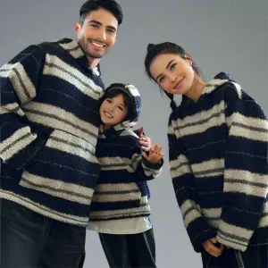 Matching Family Striped Fleece Hoodies Cozy Winter Pullover for Parents and Kids