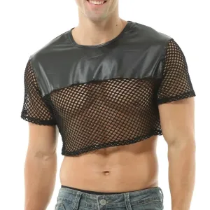Men's Black PU Leather Fishnet Crop Top