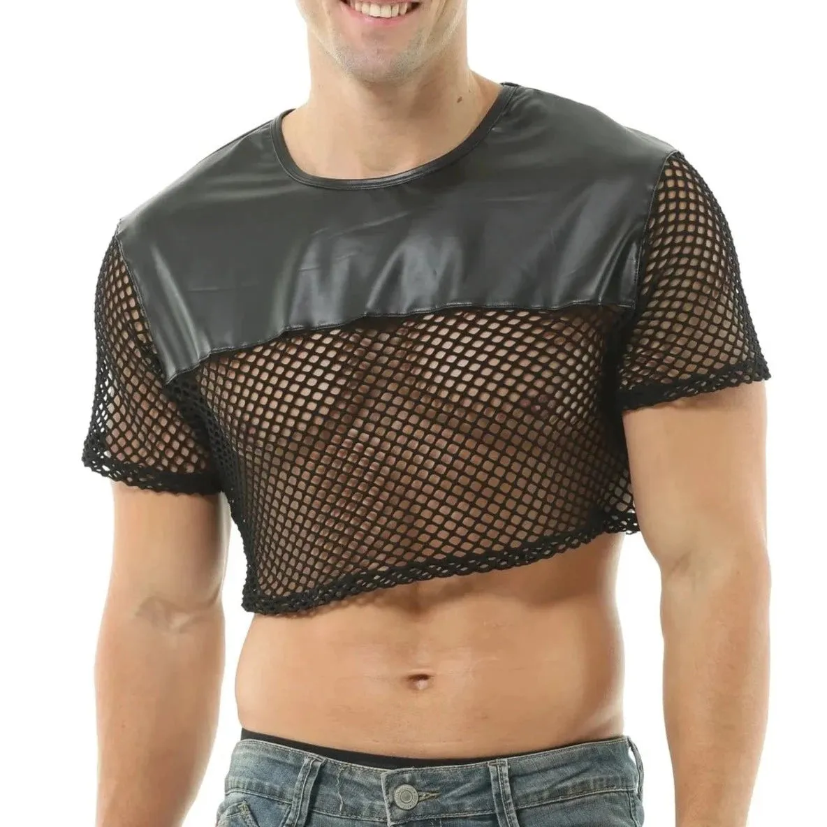 Men's Black PU Leather Fishnet Crop Top
