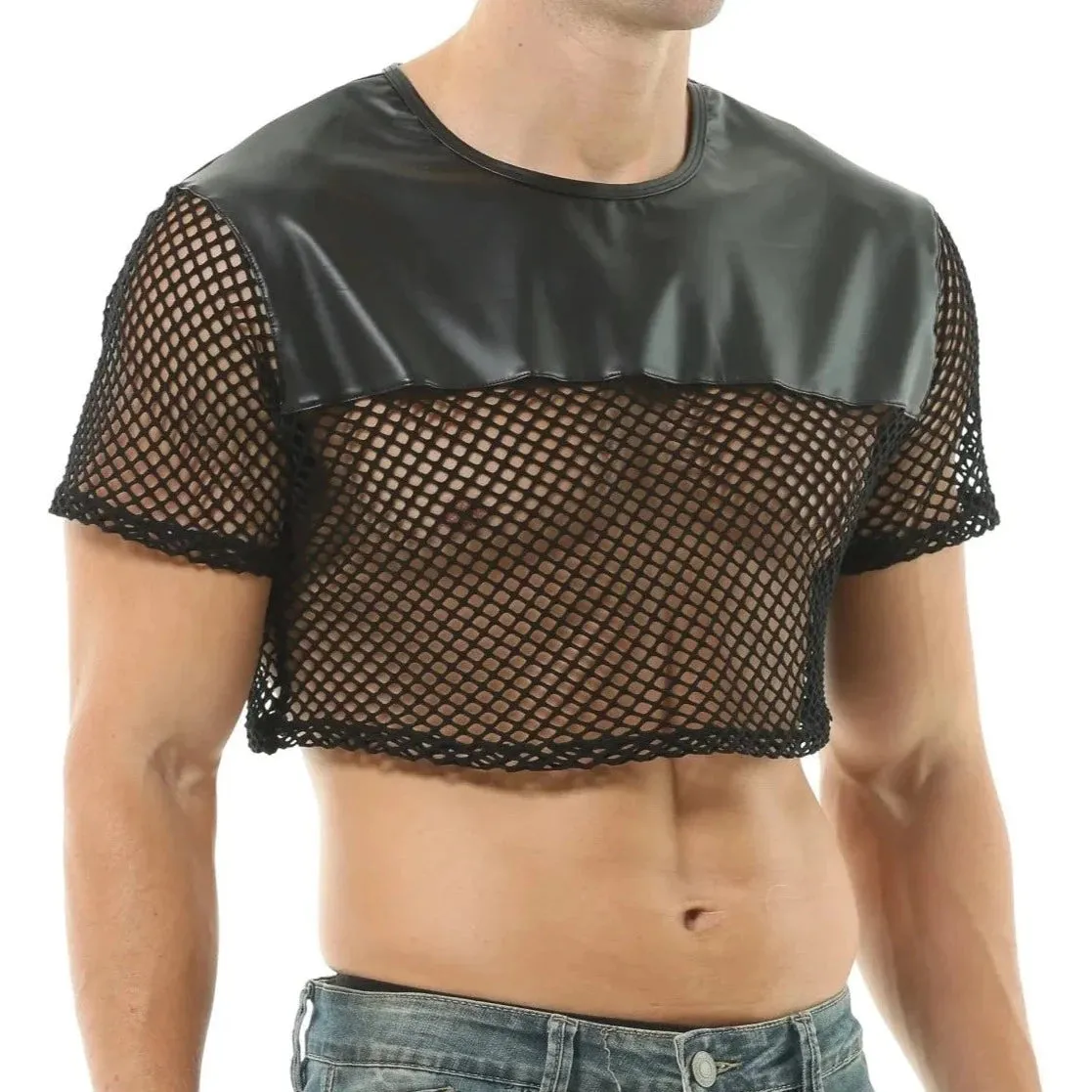 Men's Black PU Leather Fishnet Crop Top