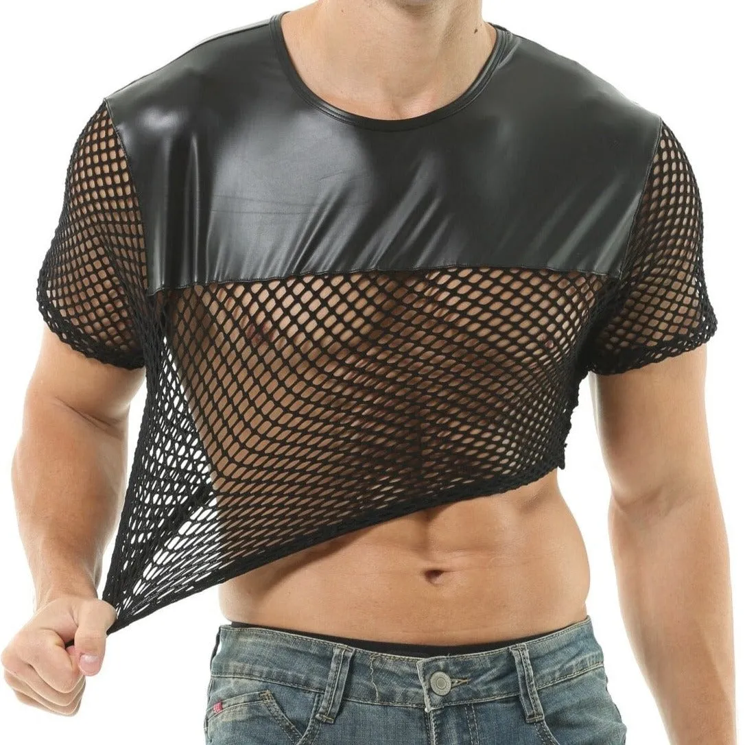 Men's Black PU Leather Fishnet Crop Top