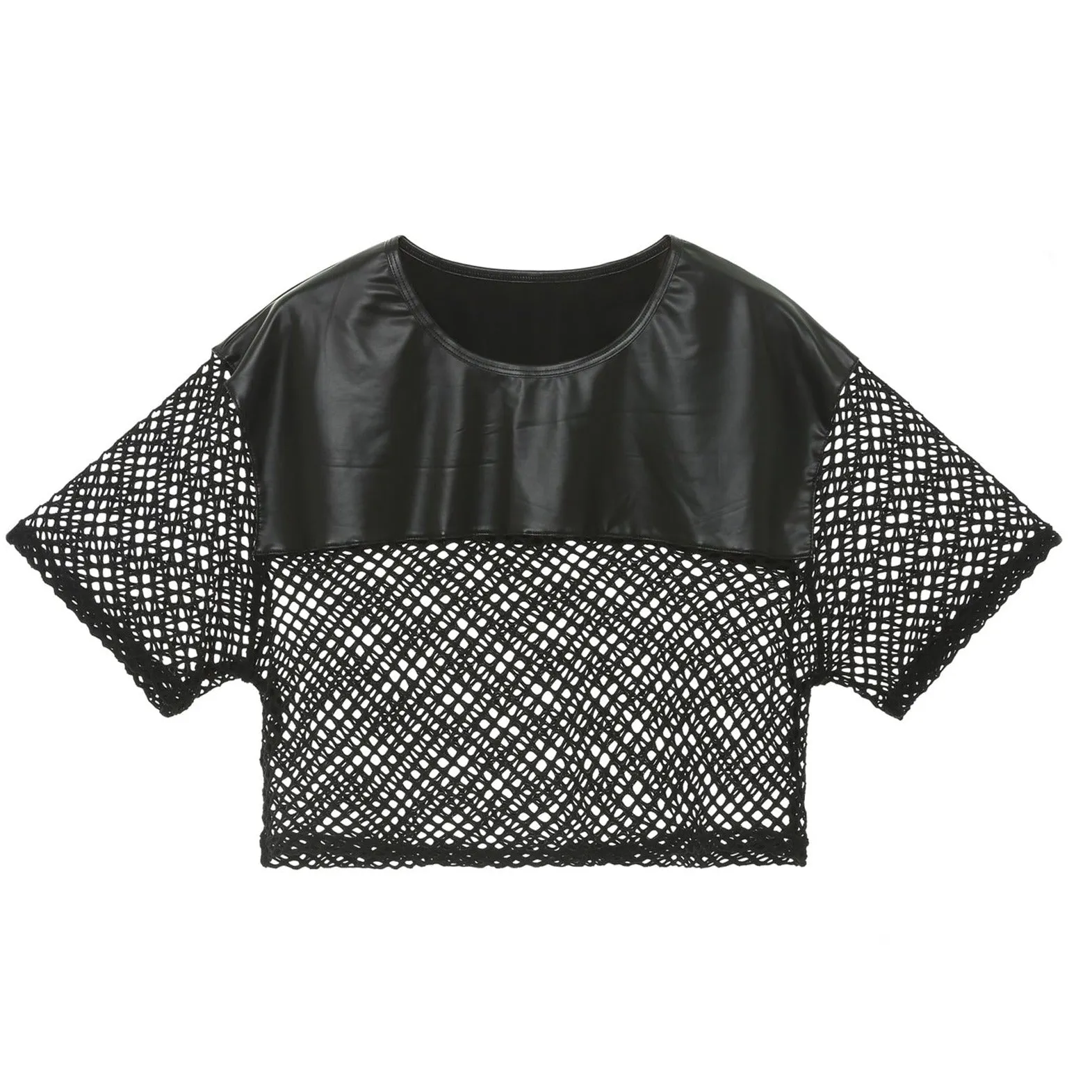 Men's Black PU Leather Fishnet Crop Top