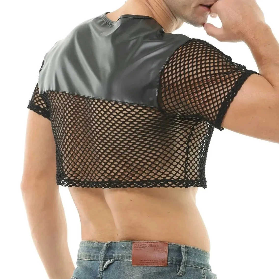 Men's Black PU Leather Fishnet Crop Top