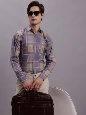 Men's Cotton Blend Checked Formal Shirt (Brown)