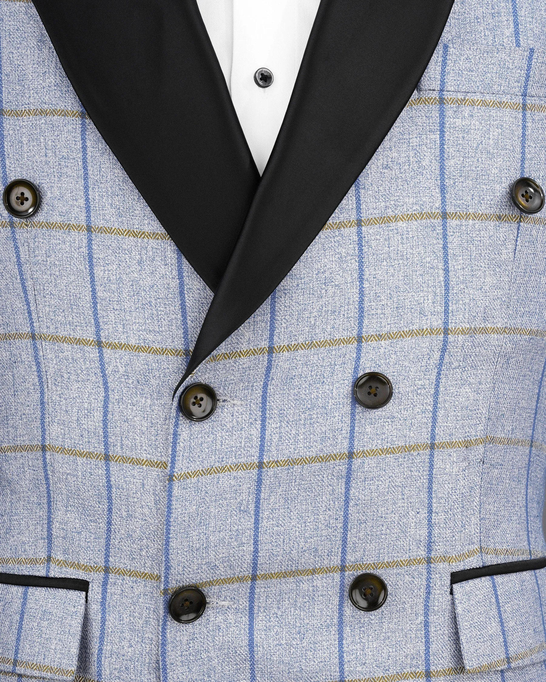 Mobster Blue Checkered Double Breasted Black Lapel Designer Blazer