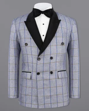 Mobster Blue Checkered Double Breasted Black Lapel Designer Blazer