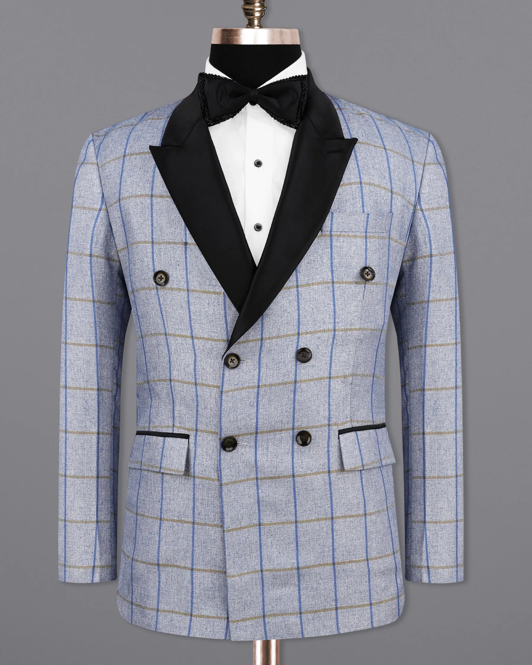 Mobster Blue Checkered Double Breasted Black Lapel Designer Blazer