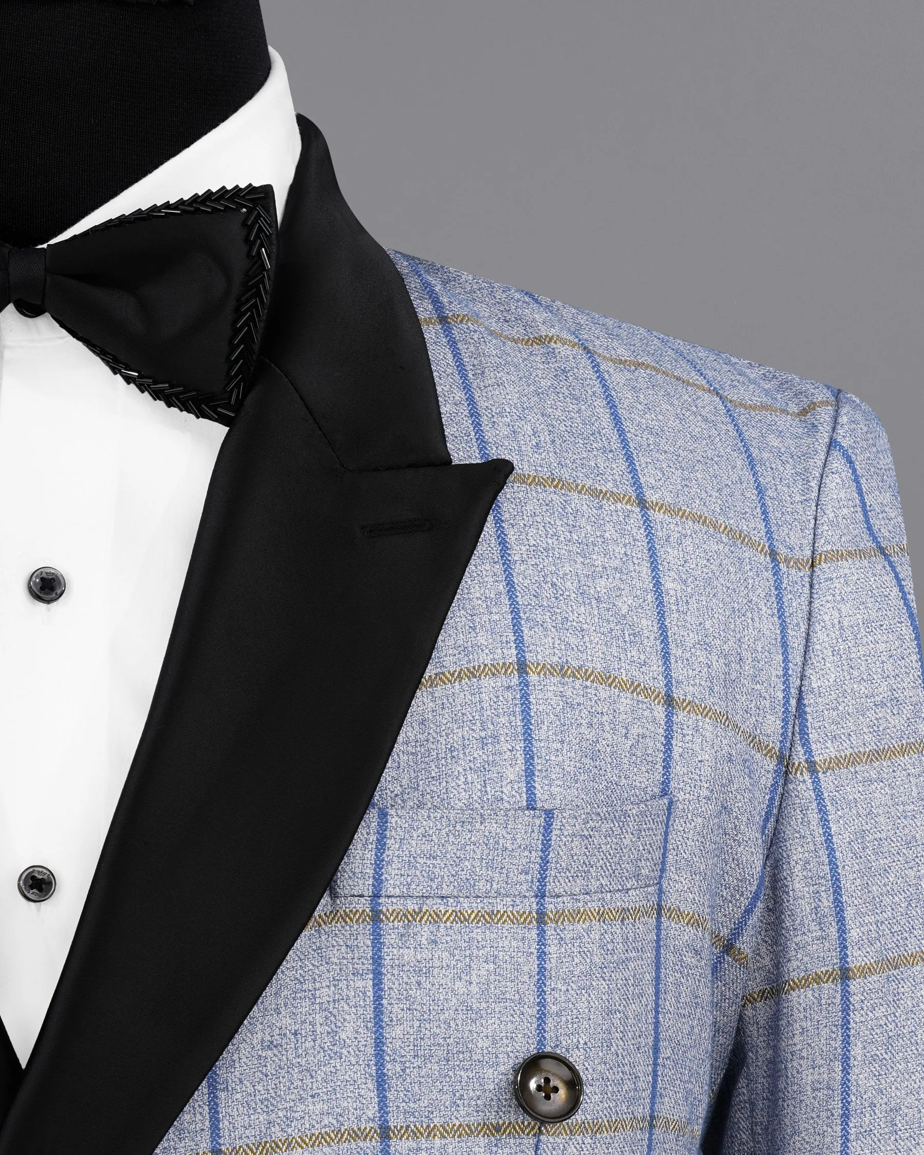 Mobster Blue Checkered Double Breasted Black Lapel Designer Blazer