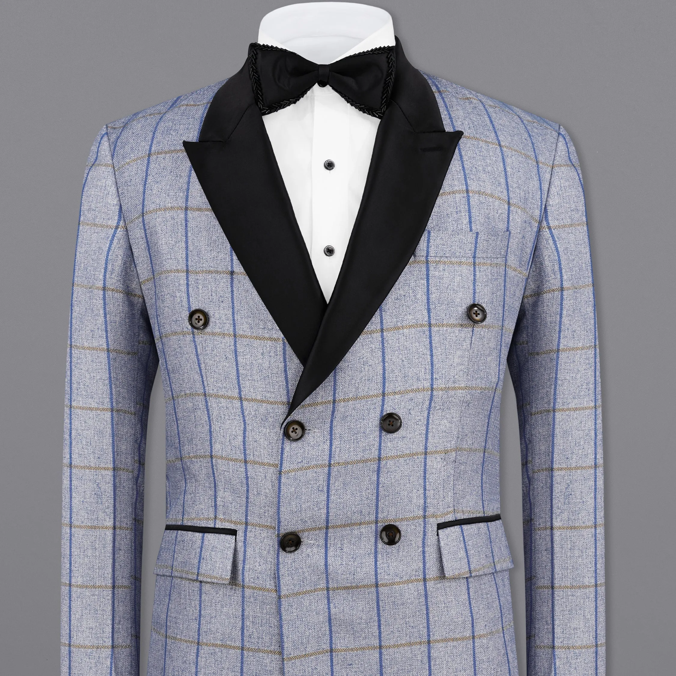 Mobster Blue Checkered Double Breasted Black Lapel Designer Blazer