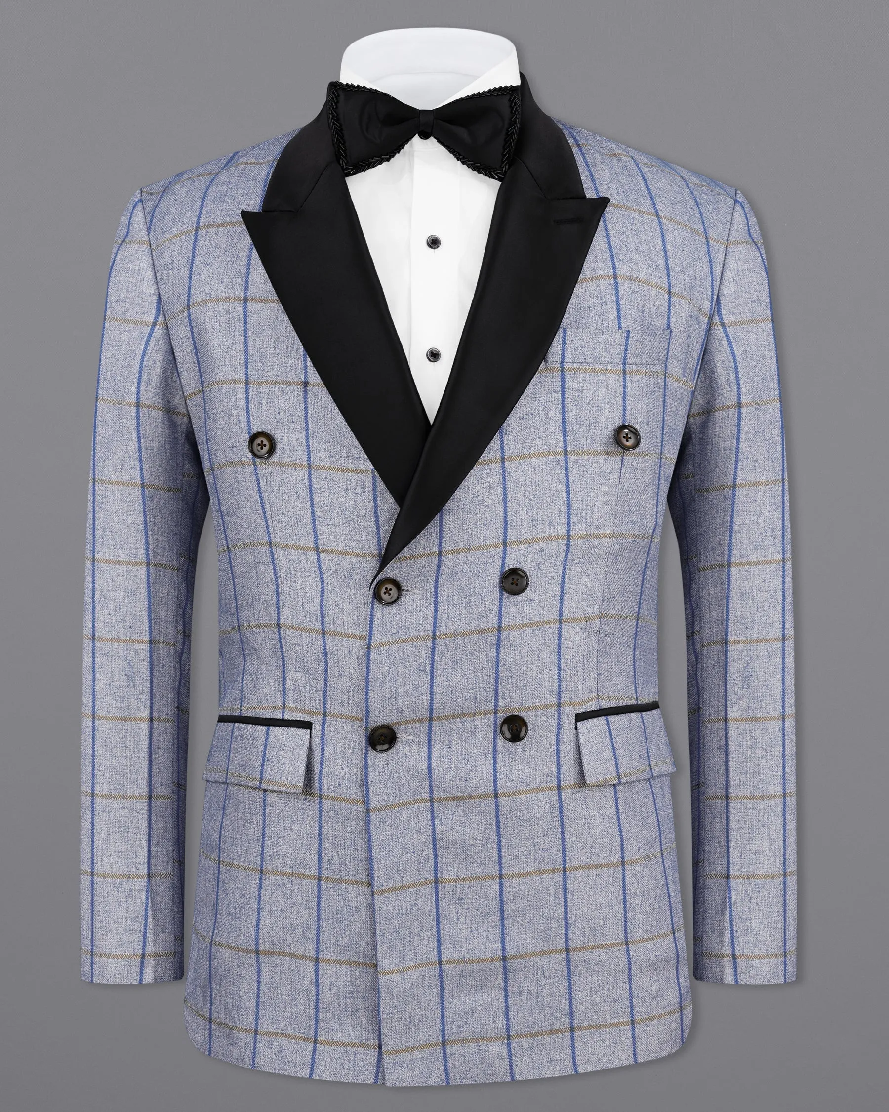 Mobster Blue Checkered Double Breasted Black Lapel Designer Blazer