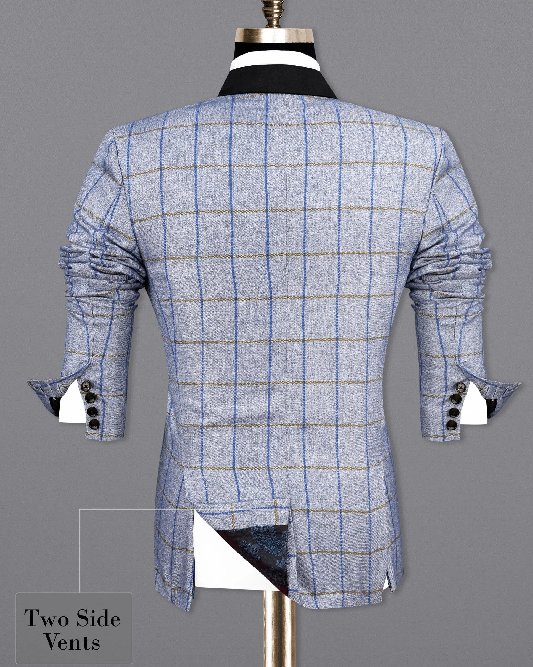 Mobster Blue Checkered Double Breasted Black Lapel Designer Blazer