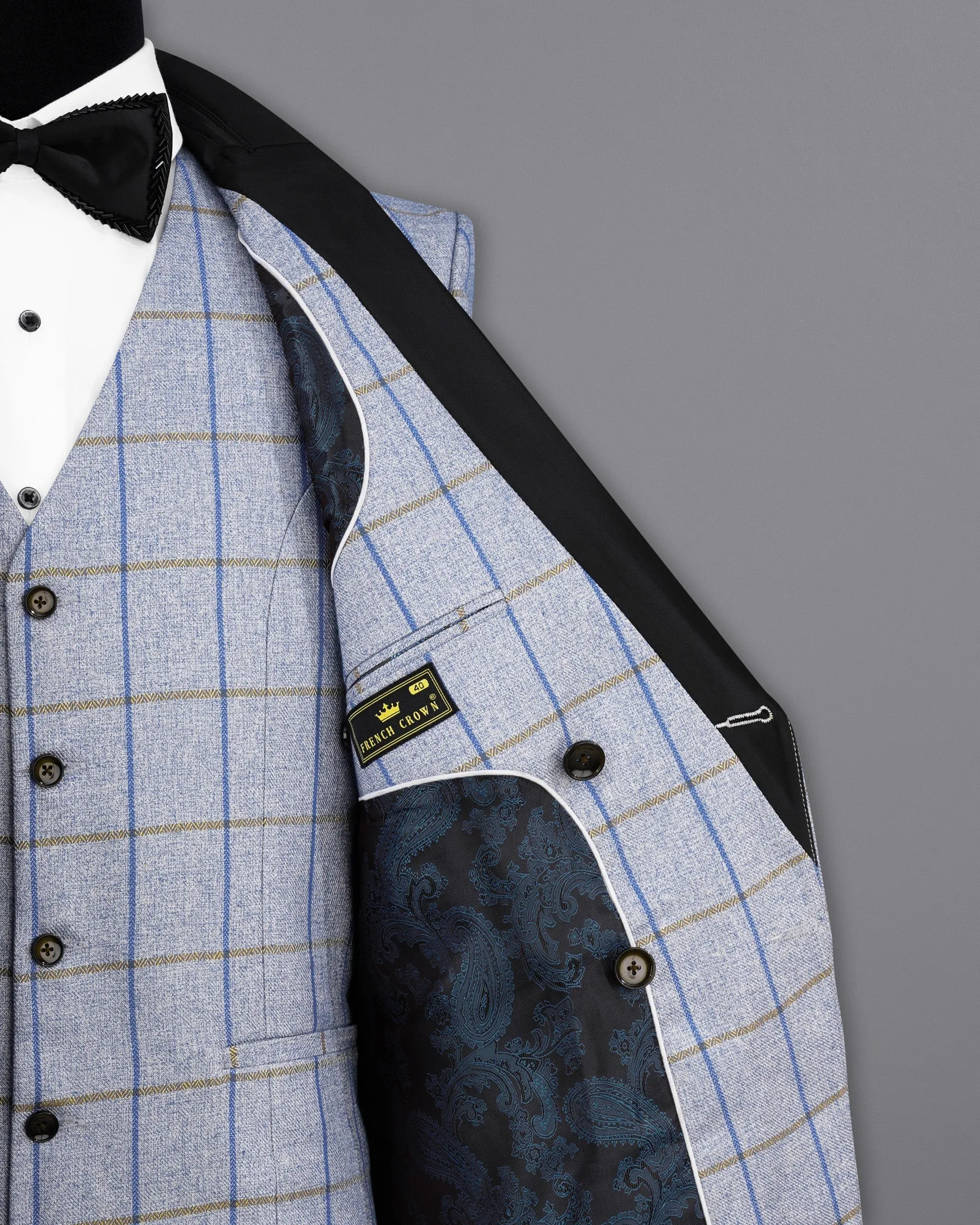 Mobster Blue Checkered Double Breasted Black Lapel Designer Blazer