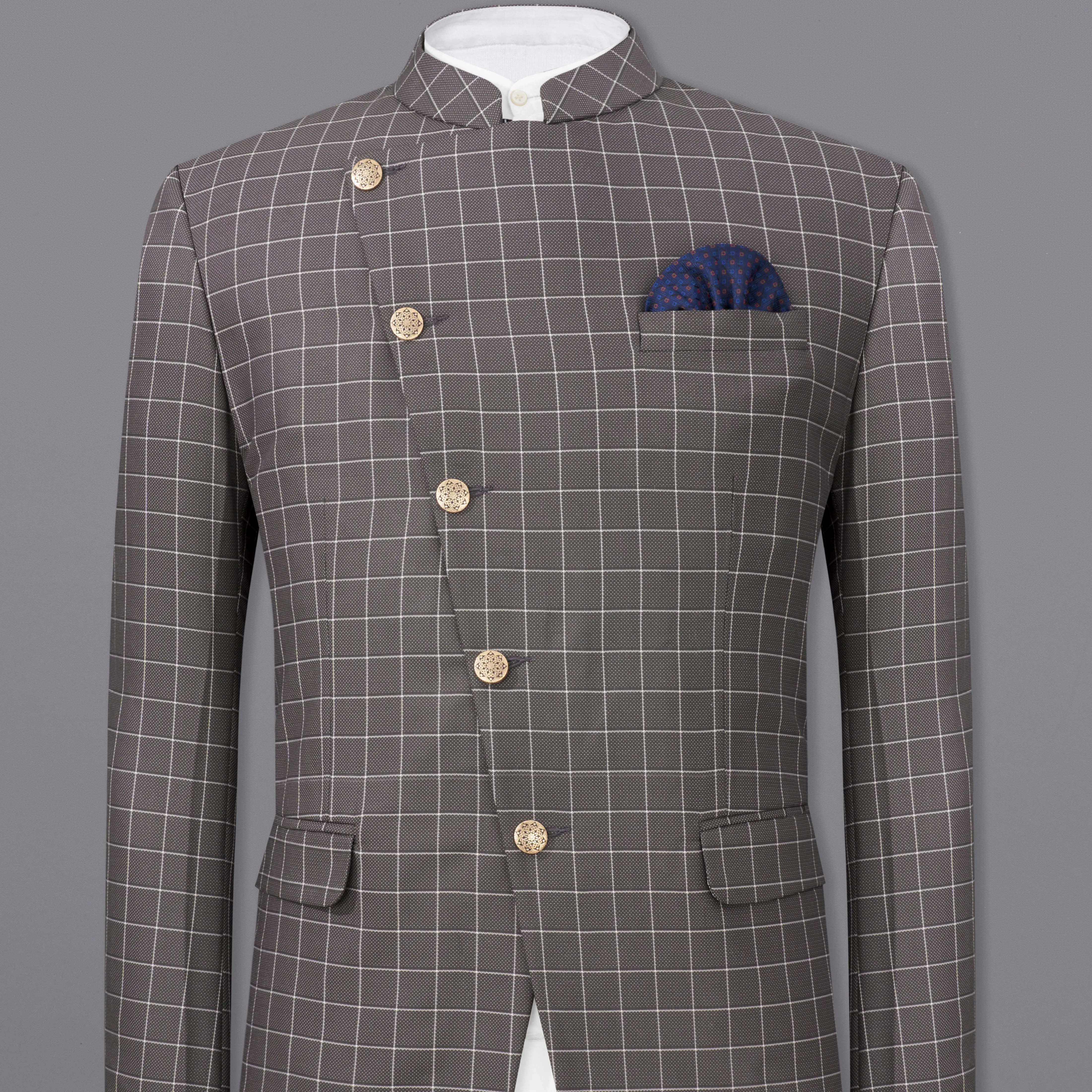 Mortar Gray Checkered Cross Buttoned Bandhgala Blazer
