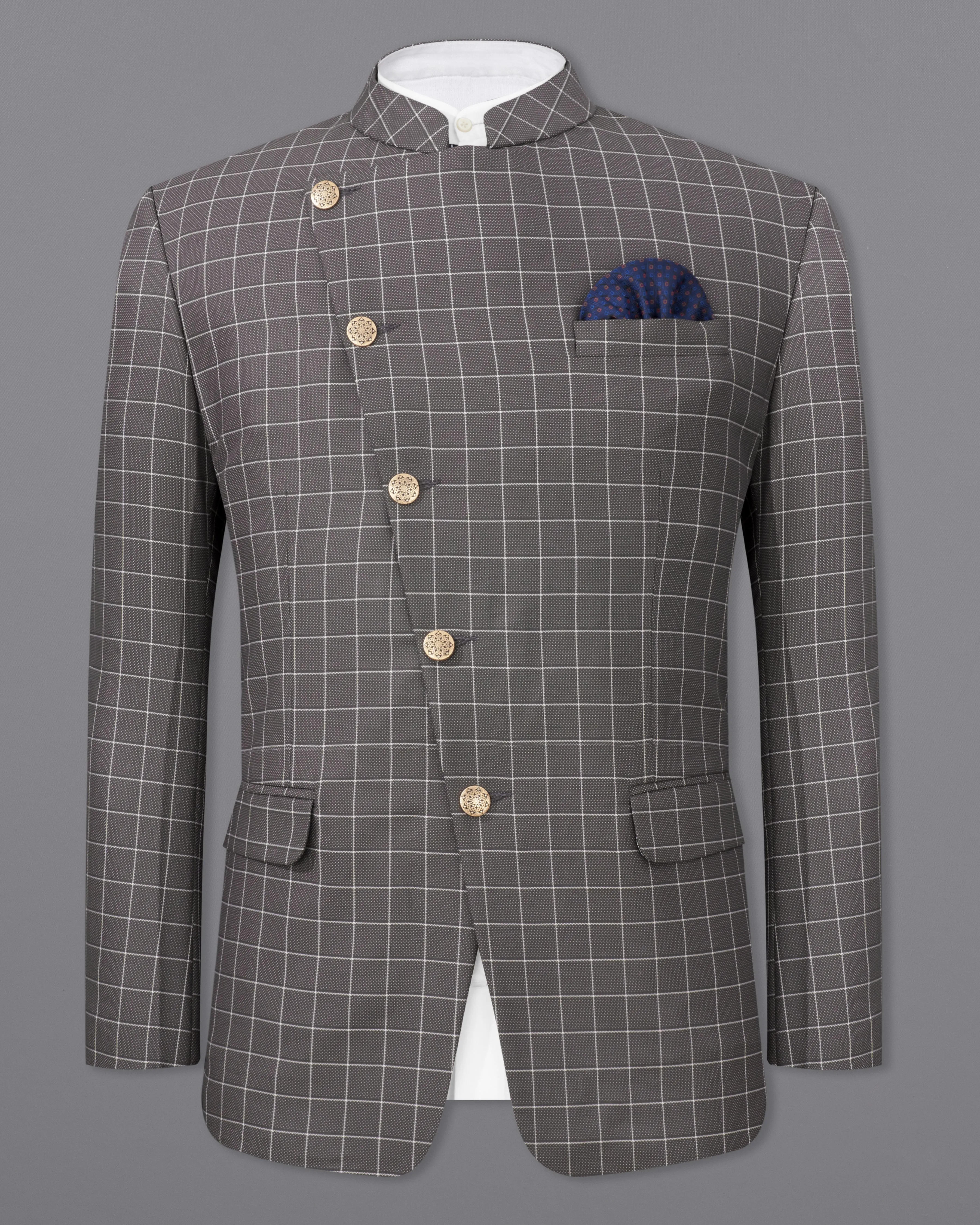Mortar Gray Checkered Cross Buttoned Bandhgala Blazer