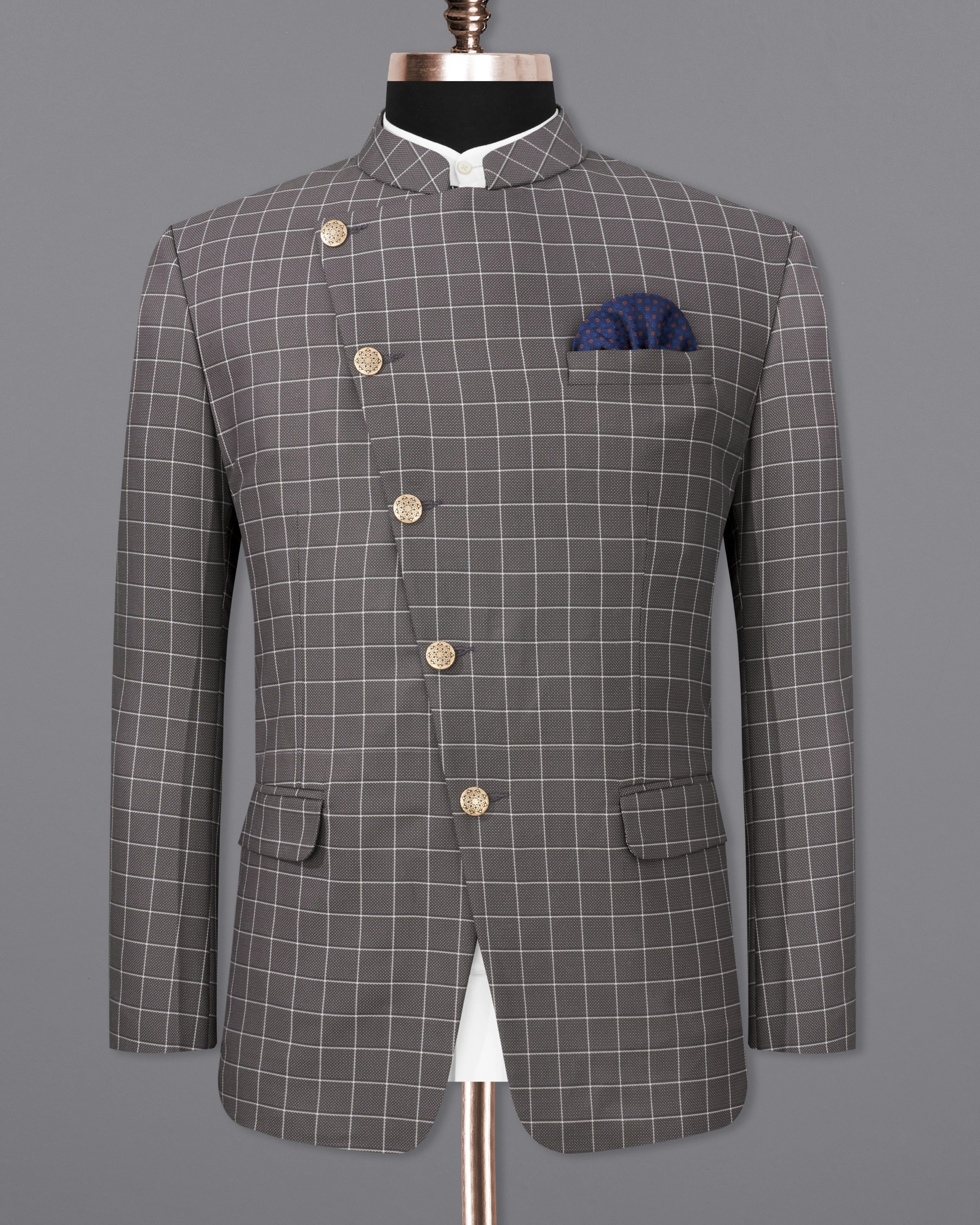 Mortar Gray Checkered Cross Buttoned Bandhgala Blazer