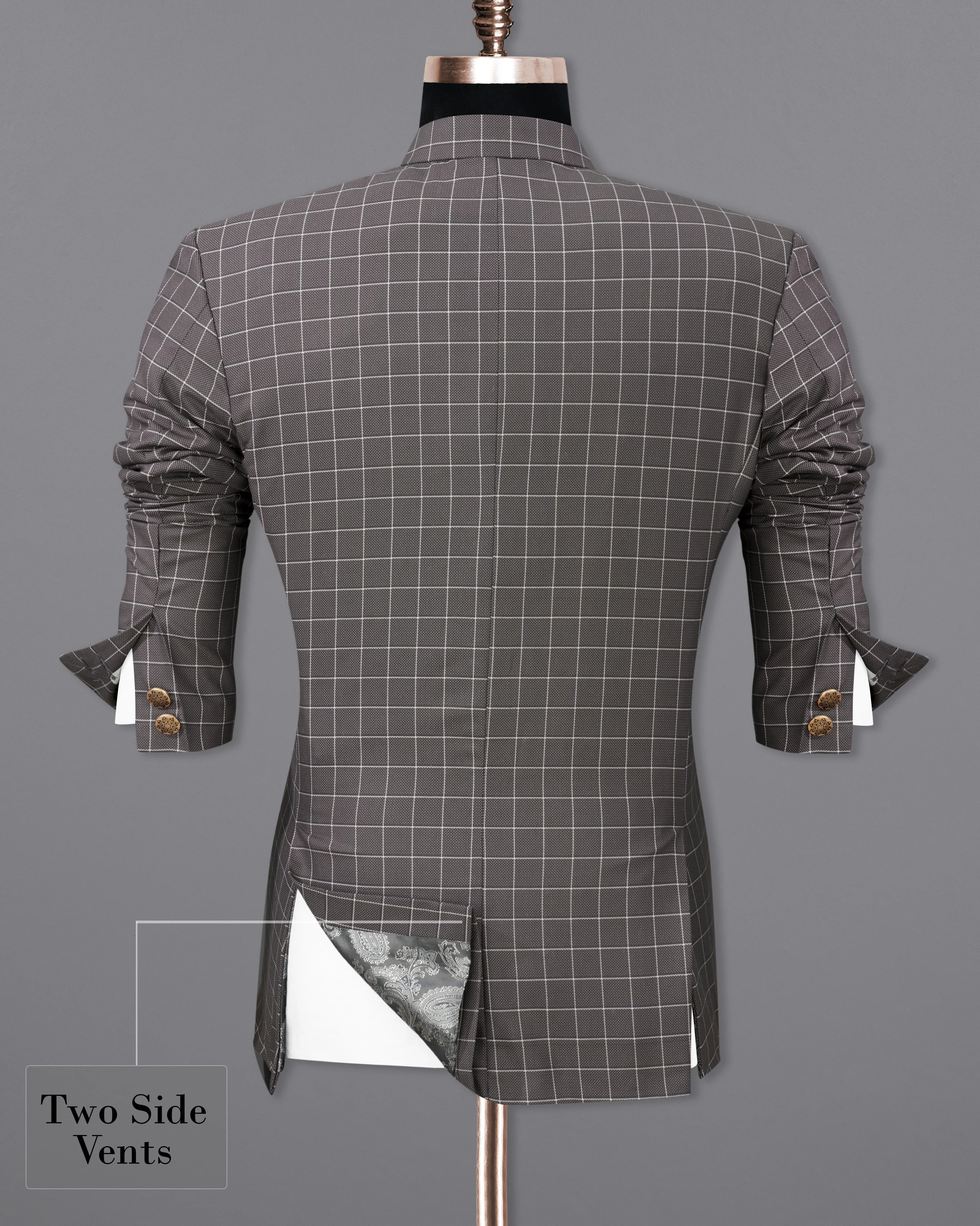 Mortar Gray Checkered Cross Buttoned Bandhgala Blazer