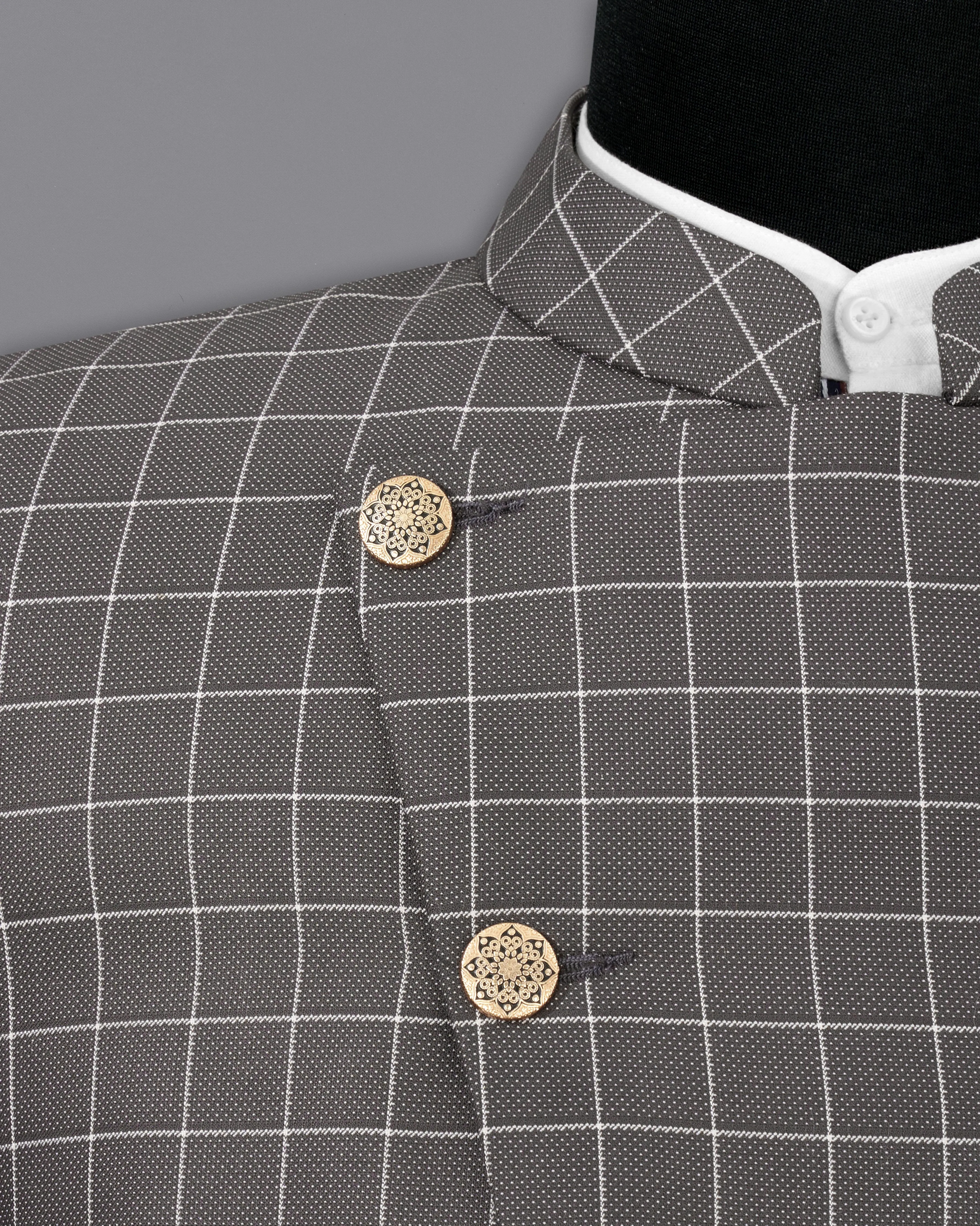 Mortar Gray Checkered Cross Buttoned Bandhgala Blazer