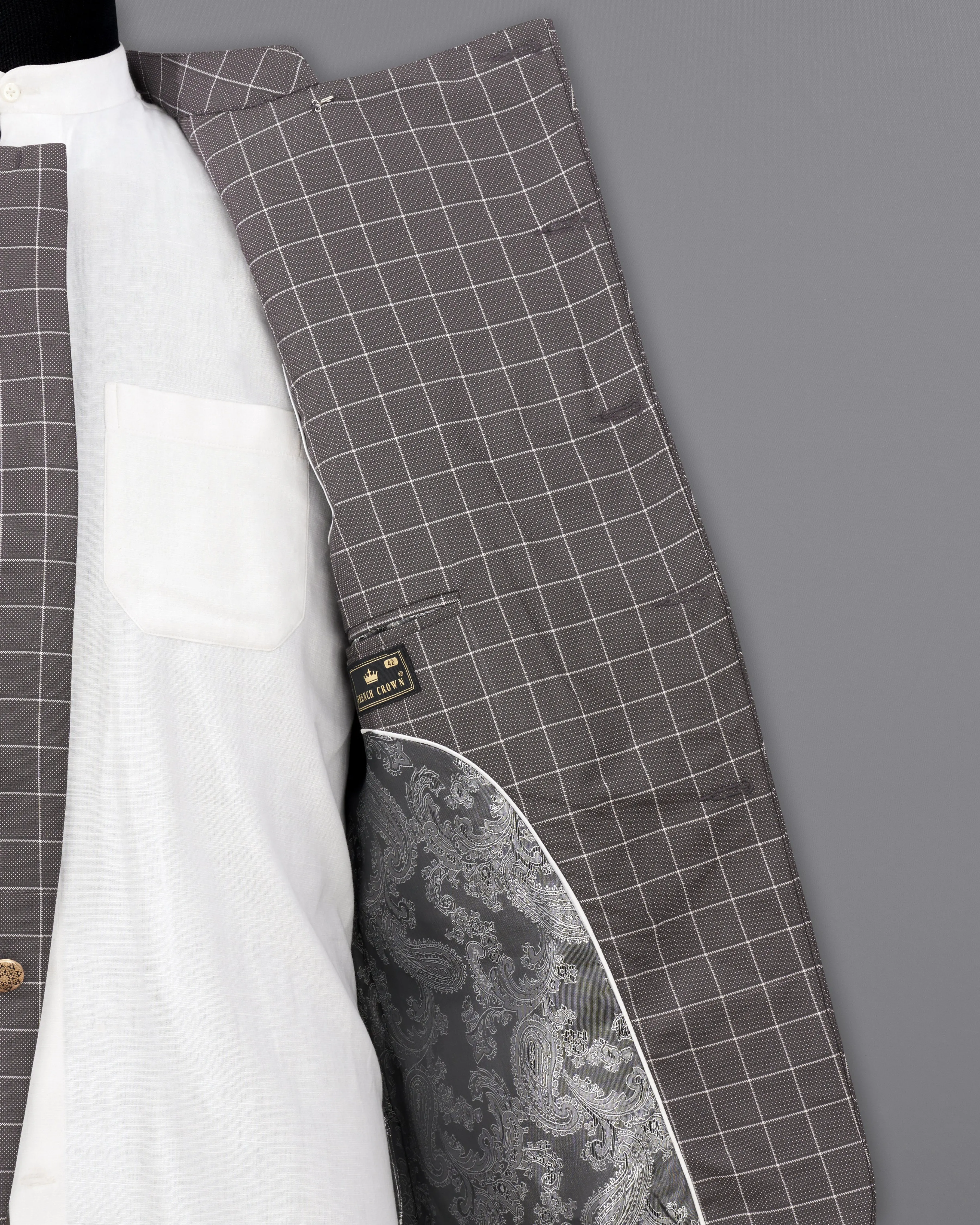 Mortar Gray Checkered Cross Buttoned Bandhgala Blazer