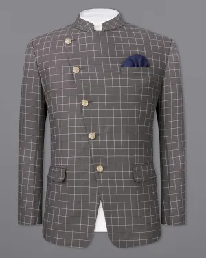 Mortar Gray Checkered Cross Buttoned Bandhgala Blazer