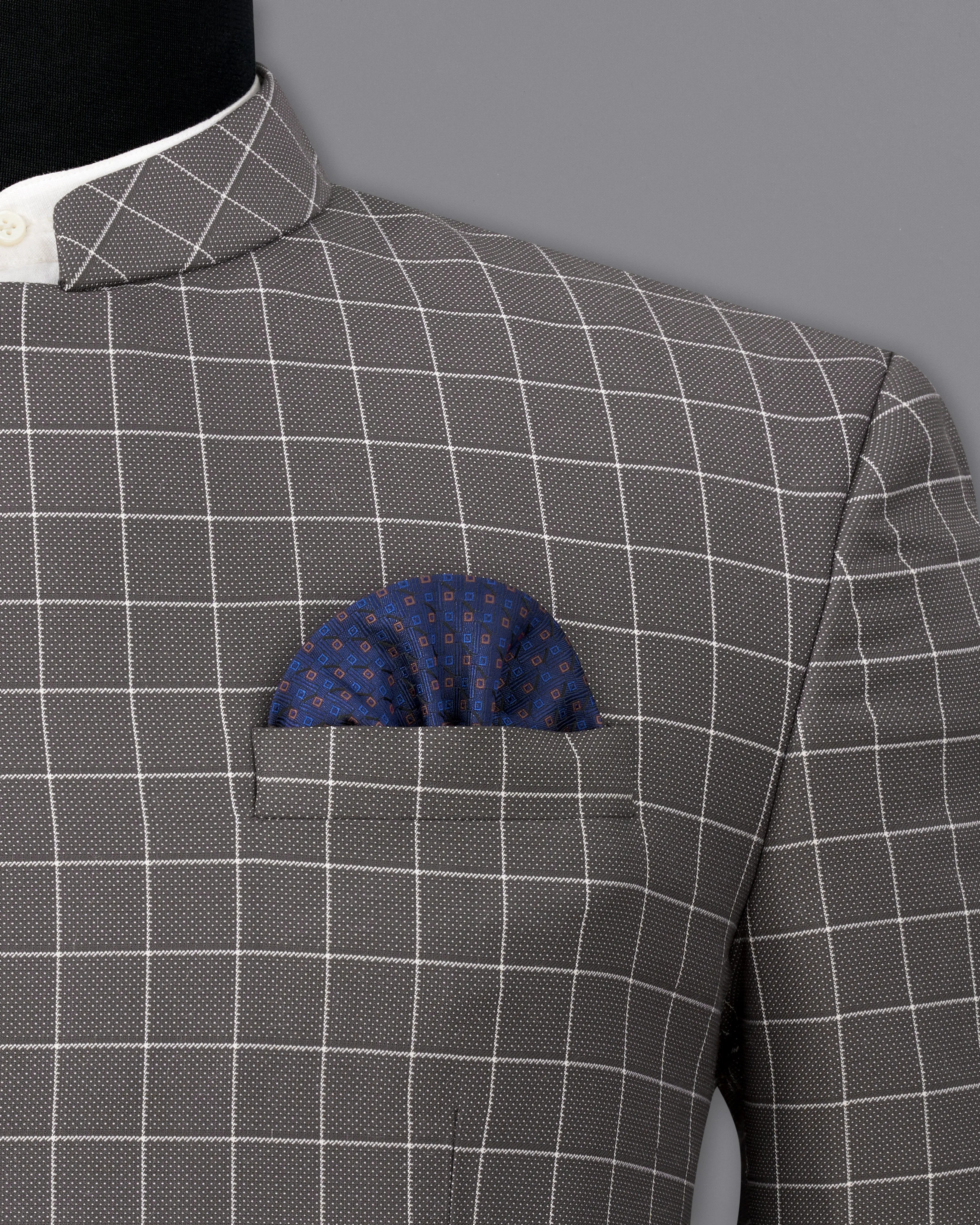 Mortar Gray Checkered Cross Buttoned Bandhgala Blazer