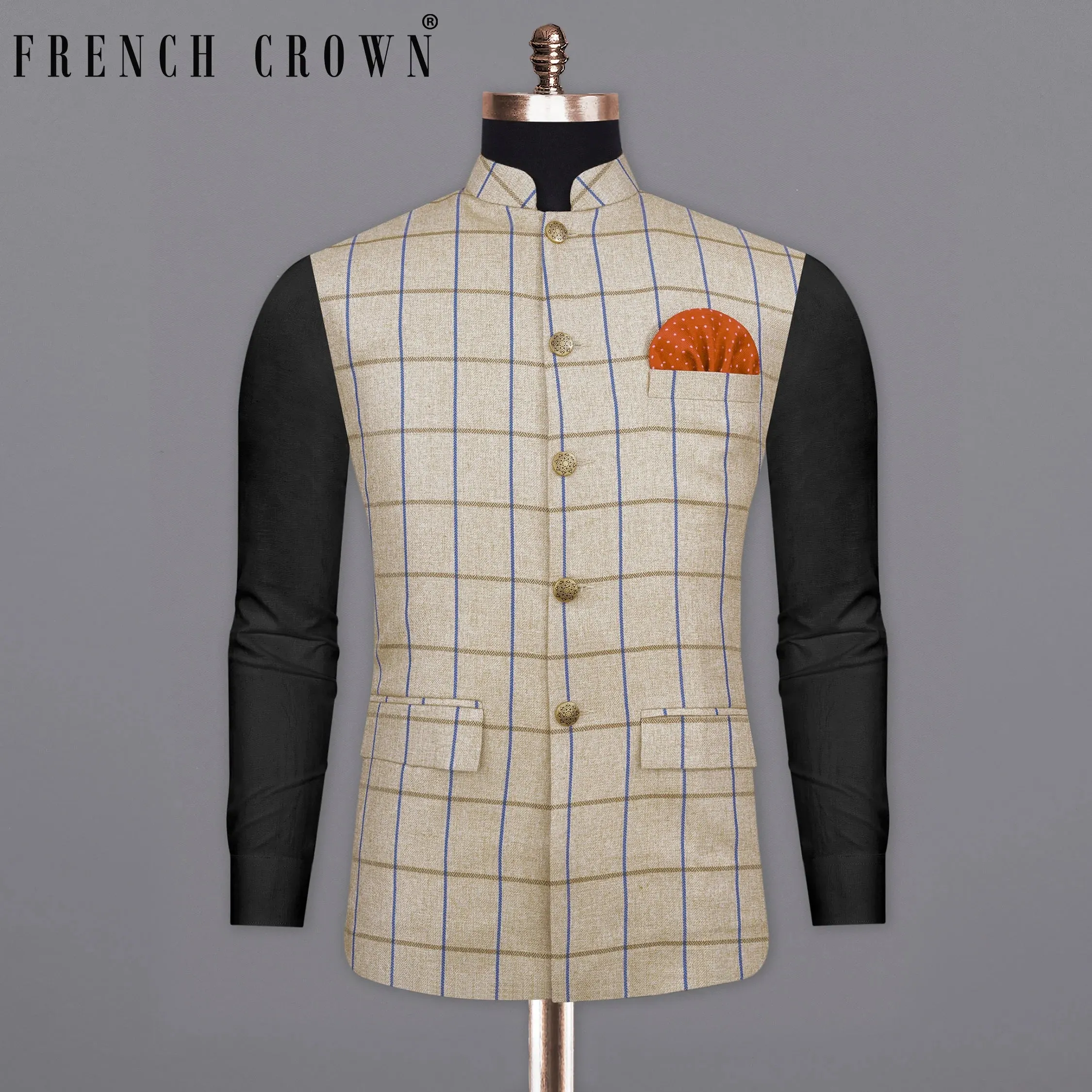 Mushroom Light Brown Checkered Bandhgala Nehru Jacket