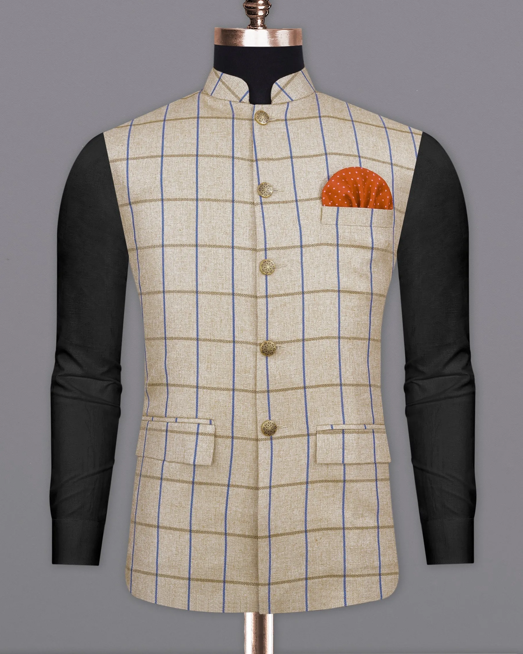 Mushroom Light Brown Checkered Bandhgala Nehru Jacket