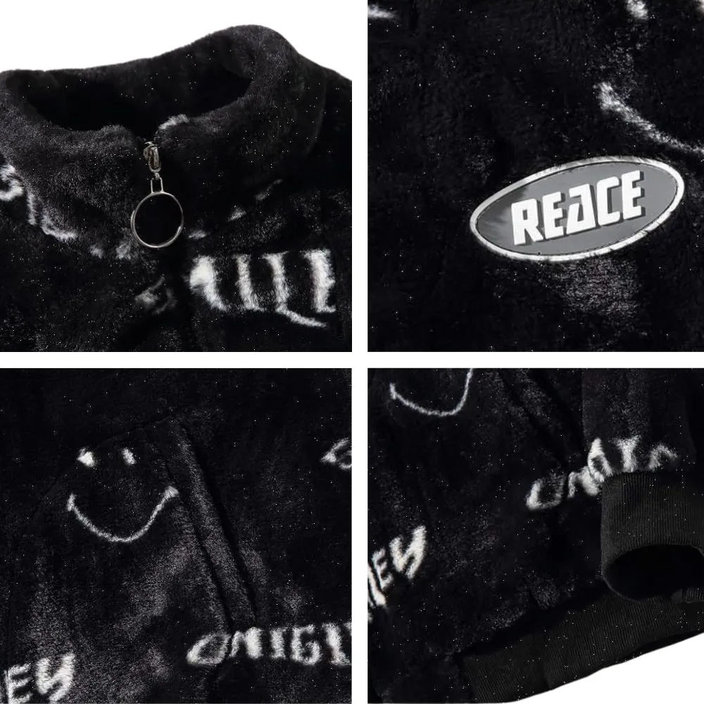 OOC' Smiley Face Lettering Sherpa Coat