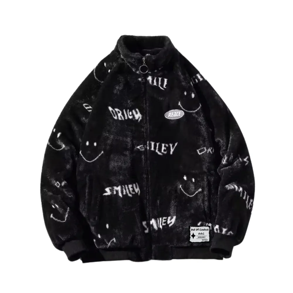OOC' Smiley Face Lettering Sherpa Coat